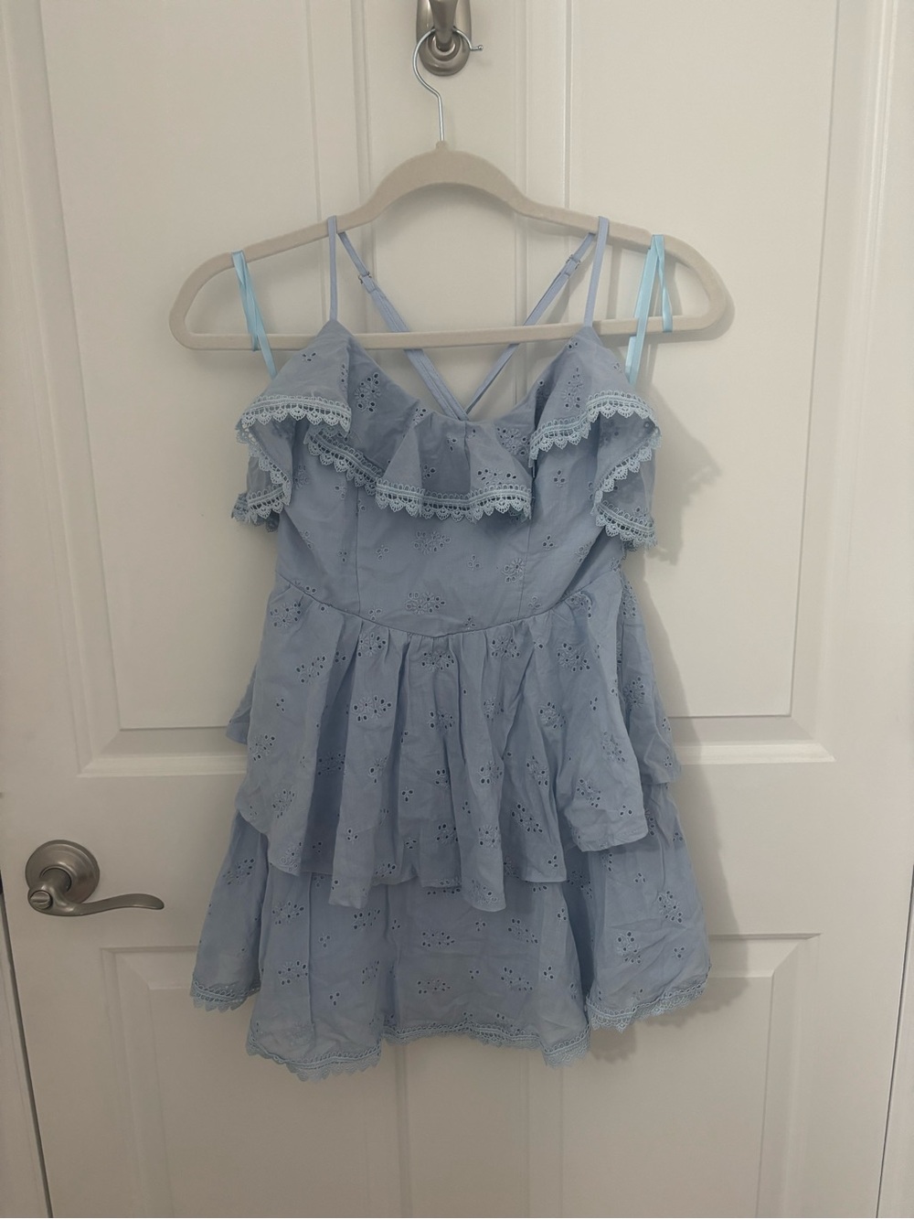 NWT Selfie Leslie Ruffle Trim Layered Hem Eyelet Dress Steel Blue size XS